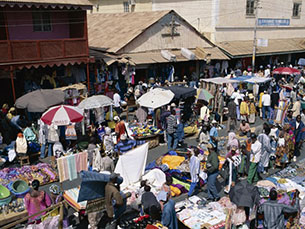 감비아의 수도인 반줄에 있는 한 시장. 상인과 손님들로 북적이고 있다. AFP PHOTO