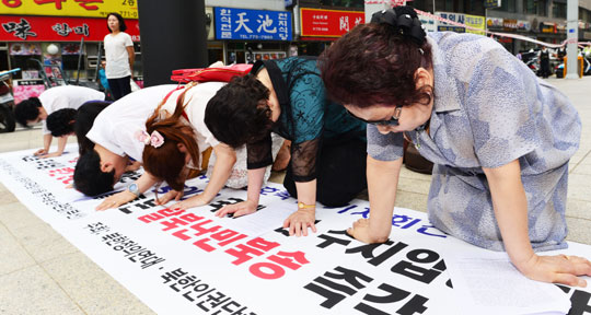 북한인권단체 관계자들이 시진핑(習近平) 중국 국가주석 방한을 하루 앞둔 지난 2일 서울 명동 중국대사관 앞에서 중국 정부의 탈북자 강제 북송 중단을 촉구하고 있다. /뉴스1