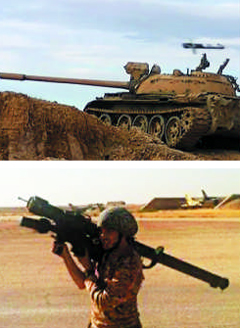시리아 전장(戰場)의 T-55 탱크(위)와 IS 대원이 사용 중인 휴대용 지대공 미사일. 북한은 구식 무기를 개량해 시리아 등 중동 분쟁 지역에 수출하고 있는데, 사진의 무기들도 그중 하나로 추정된다. /NK뉴스