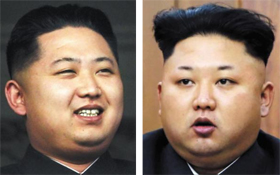 1일 신년사 때 김정은(오른쪽)과 아버지 김정일이 살아 있던 2010년의 김정은(왼쪽) 모습. 5년 전과 비교해 눈썹 길이가 확연히 짧아졌음을 알 수 있다. /사우스차이나모닝포스트