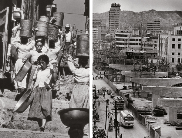 1965년 부산 달동네에서 물동이를 이고 가파른 계단을 오르내리는 사람들(왼쪽). 1968년 서울 청계천을 복개하고 고가도로 교각을 건설하고 있는 모습. /눈빛 제공[출처] 본 기사는 조선닷컴에서 작성된 기사 입니다