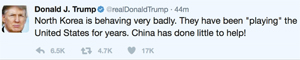 도널드 트럼프 미국 대통령이 17일(현지 시각) 자신의 트위터에 올린 북한 비판 글. /트럼프 대통령 트위터