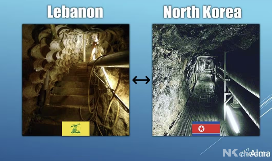 레바논 무장정파 헤즈볼라가 초기에 판 땅굴과, 노출된 북한의 과거 땅굴을 비교하는 사진. /알마 안보 연구교육센터