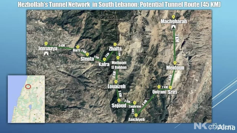 총 길이 45km에 달하는, 레바논 남부 공격 땅굴의 위치 추정도. 북한의 기술 전수와 이란의 재정 지원으로 구축됐다./알마 센터