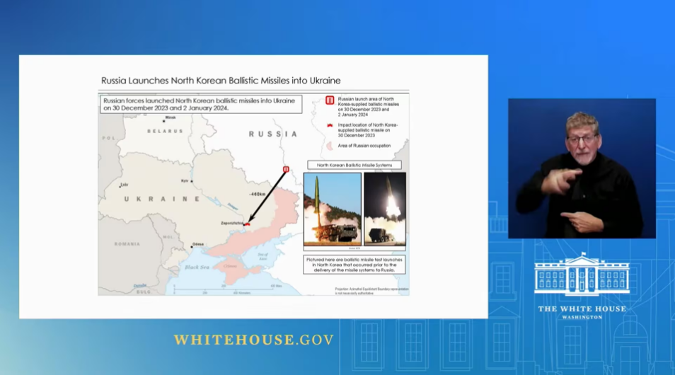 러시아가 북한으로부터 탄도미사일과 발사대를 제공받아 우크라이나와의 전쟁에 사용했다고 미 백악관이 4일(현지 시각) 밝혔다. 존 커비 미 백악관 국가안보회의(NSC) 전략소통조정관이 이날 브리핑에서 제시한 관련 그래픽. /백악관 캡쳐