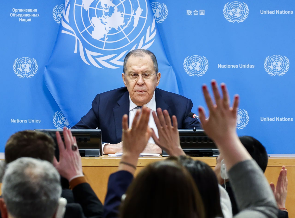 세르게이 라브로프 러시아 외무장관은 24일 뉴욕 유엔본부에서 기자회견을 가졌다. /TASS 연합뉴스