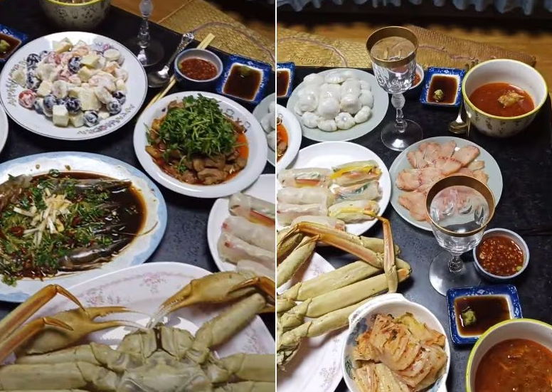 일반 북한 주민은 좀처럼 먹기 힘든 음식들이 유미 가족 식탁에 즐비한 모습. /올리비아 나타샤 유튜브