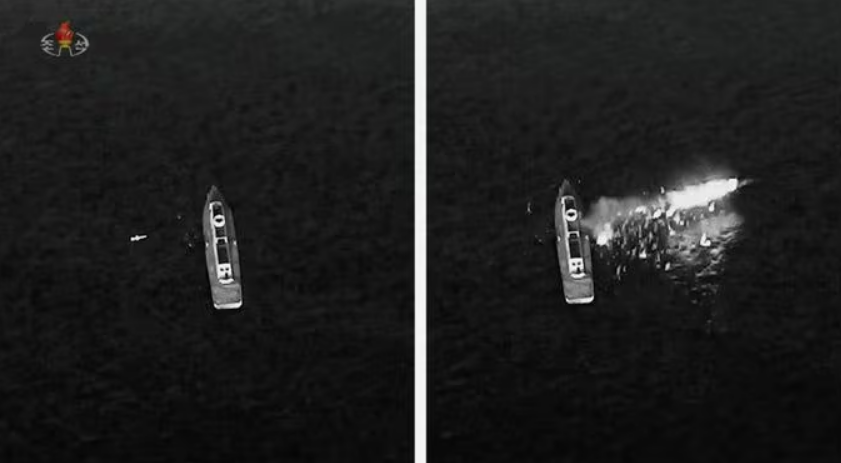 '바다수리-6형' 표적 선박 타격 전후 모습. 선박 주변에 물보라가 보이지 않는다./조선중앙통신 연합뉴스