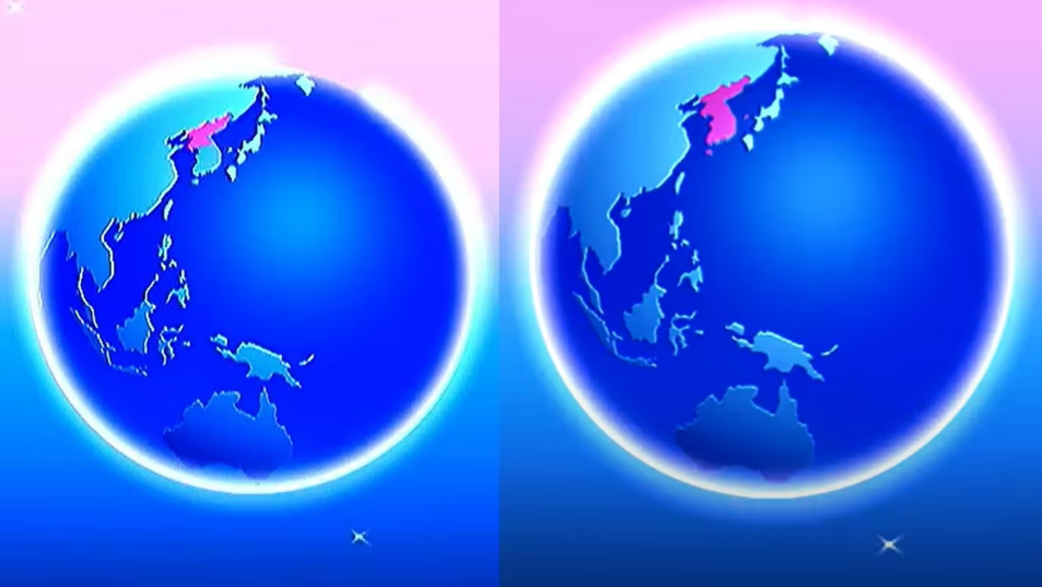 조선중앙TV가 17일 방영한 연속참관기 '국제 친선 전람관을 찾아서'의 시작화면. 지구 그래픽 이미지에서 북측만 빨간색으로 표시가 돼 있다. 오른쪽은 기존 시작화면으로 한반도 전체에 붉은색으로 채워져 있다. /조선중앙TV